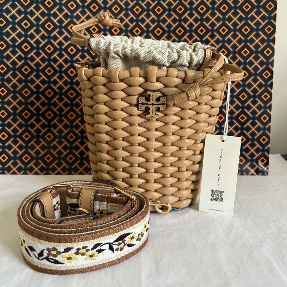 Tory Burch Emerson Woven Mini Bucket Bag Crossbody Bag Ginger Shortbread Tan